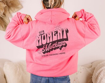 Gildan 18500 Safety Pink Mockup Back, 18500 Pink Mockup, Gildan Pink Hoodie Mockup, Oversized Mockup Sweatshirt Model Mockup, Gildan Pink