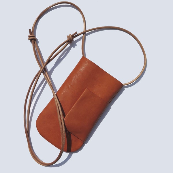 Tan - Leather Phone Bag, Small Crossbody bag, Leather Neck bag, Phone Sling Bag, Small Travel Bag, Tan