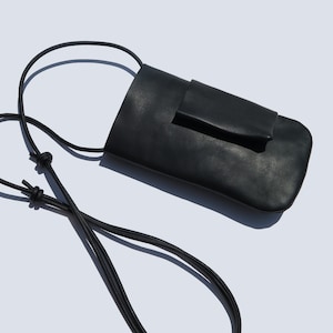 Negro - Bolso de cuero para teléfono, Bolso bandolera pequeño, Bolso de cuero para el cuello, Bolso bandolera para teléfono, Bolso bandolera de cuero, Bolso de viaje pequeño,