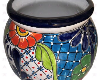 Talavera flower pot "Palenque" dark blue medium - handmade from Mexico, pottery, decoration, handicrafts, hand-painted