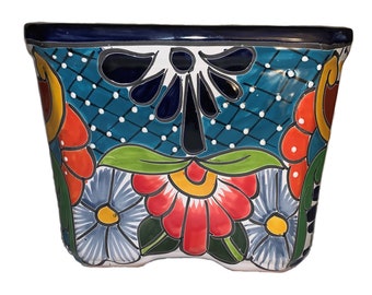 Talavera flower pot “Cuadrada” large in 2 main colors - handmade from Mexico, handicrafts, decoration, pottery, hand-painted