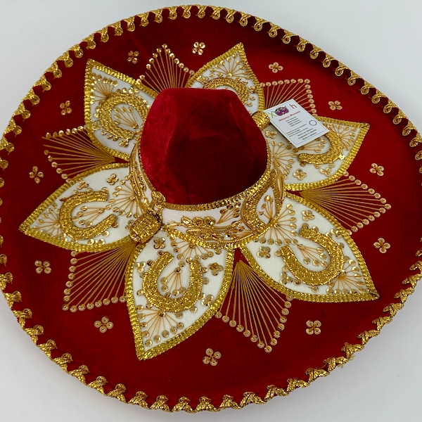 Sombrero Mariachi Rot/Gold in 5 Größe - handgefertigt aus Mexiko - Sombrero del Charro, original, Kunsthandwerk