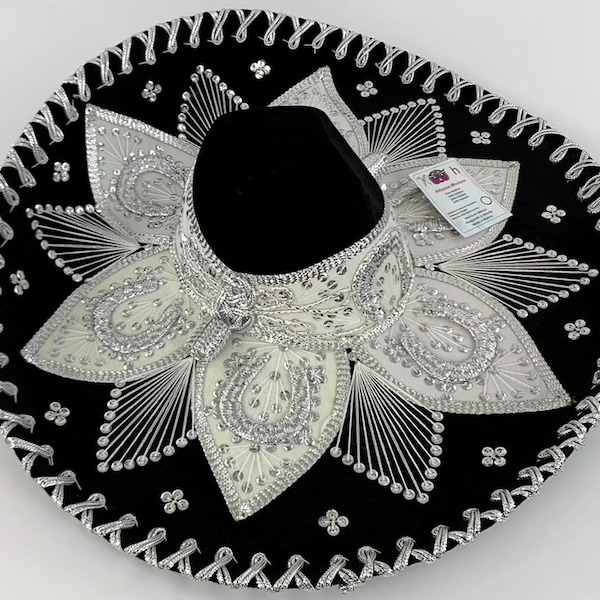 Sombrero Mariachi Schwarz/Silber in 5 Größe - handgefertigt aus Mexiko - Sombrero del Charro, original, Kunsthandwerk