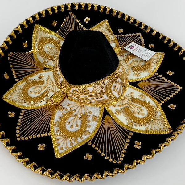 Sombrero Mariachi Zwart/Goud in 5 maten - handgemaakt uit Mexico - Sombrero del Charro, origineel, handwerk