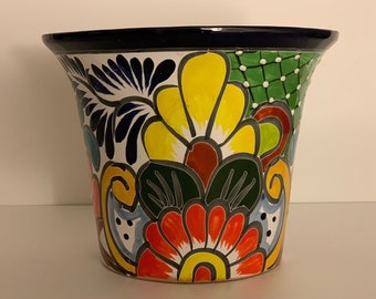 Talavera Blumentopf „LEON“ dunkelblau klein - handbemalt aus Mexiko, Dekoration, Tonware