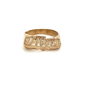 Custom Gold Name Ring | Solid Gold 10k or 14k | Fine Jewelry | Diamond Cut on First Letter and Heart Tail Unisex