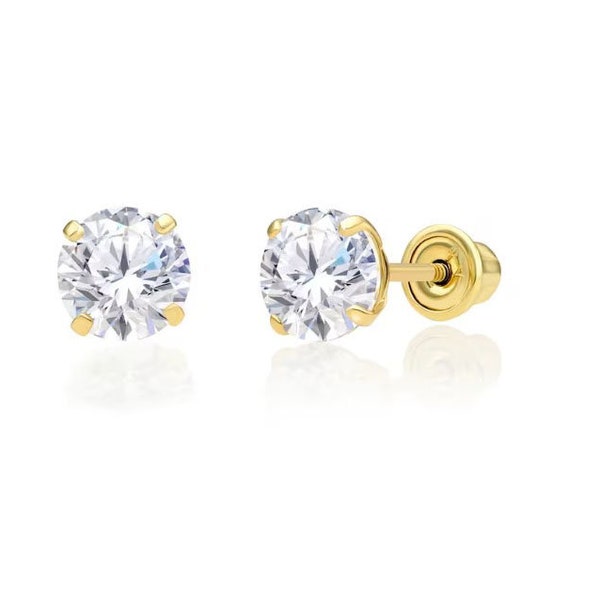 10K Yellow Gold Solitaire Stud Earrings, Screw-back Round Cubic Zirconia Studs in 10K SOLID GOLD, Unisex Design