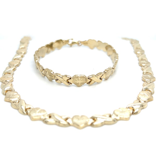 XOXO Hugs and Kisses Heart Necklace & Bracelet | 10K Real Solid Gold | Individual Or Set | Necklace 16-20" | Bracelet 7-9"