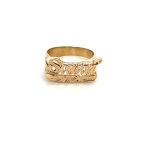 Custom Gold Name Ring | Solid Gold 10k or 14k | Fine Jewelry | Diamond Cut on First Letter and Heart Line Tail Unisex