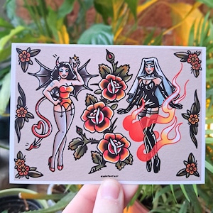 May include: A vintage style illustration of two women, one with devil horns and wings and the other wearing a nun's habit, with flames and roses in the background. The text "HANDYFLOWART" is at the bottom of the image.