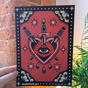 Trois épées | Impression d'art tatouage A4 et A5 | Art de carte de tarot | Illustration numérique | Conception de tatouage traditionnel | Cadeau alternatif