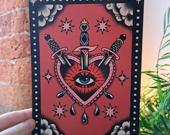 Tre svärd | A4 och A5 tatueringskonsttryck | Tarotkortskonst | Digital illustration | Traditionell tatueringsdesign | Alternativ gåva