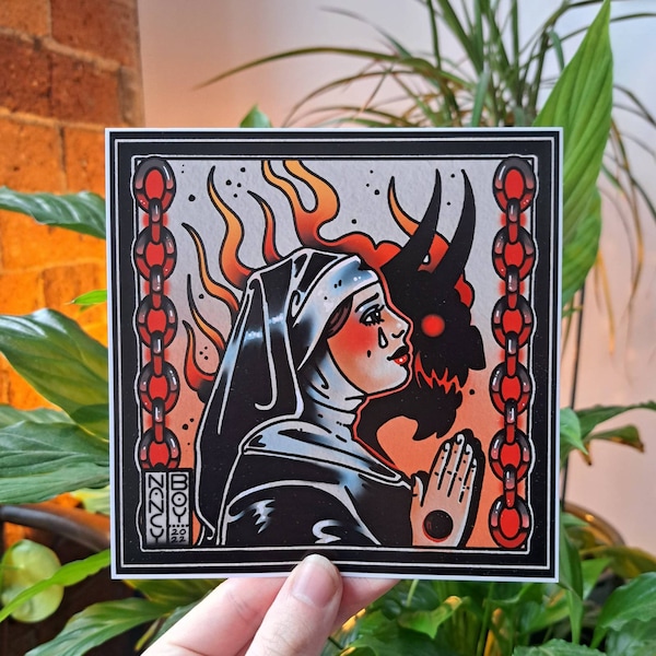 Le diable m'y a poussé | Impression d'art numérique carrée A4 et A5 | Poster traditionnel de tatouage | Cadeau alternatif | Décor gothique