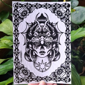 American Traditional Two Face Reversable Portrait | A5 Tattoo Flash Art Print | Digital Illustration | Traditional Tattoo Design