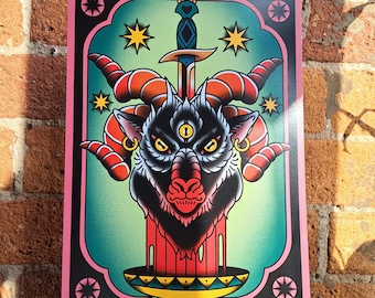 May include: A black and red illustration of a goat's head with a single eye and horns. The goat's head is surrounded by a red halo and a dagger with a keyhole design. The background is a green and blue gradient with stars.