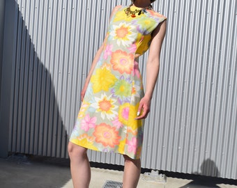 ALEX COLEMAN Vintage 60s Mod Linen Yellow Floral Shift Dress Sz Small to Medium