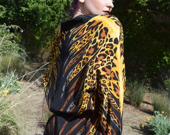 Animal Print Silk Vintage jaren '80 Zip Front Jacket Leopard Tiger Sz S M L