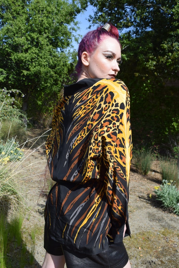 Animal Print Silk Vintage 80s Zip Front Jacket Le… - image 1