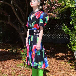 FLORAL Runway Print Abstract Floral Print Vintage 80s Puff Sleeve Dress Sz Large image 2