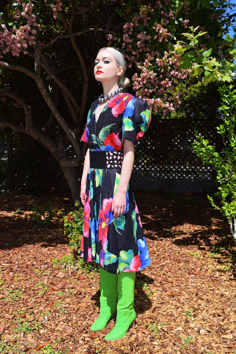 FLORAL Runway Print Abstract Floral Print Vintage 80s Puff Sleeve Dress Sz Large image 2