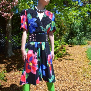 FLORAL Runway Print Abstract Floral Print Vintage 80s Puff Sleeve Dress Sz Large image 1