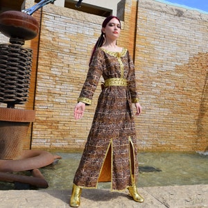 KRISTIAN Abstact Gold Trim Vintage 60s Aztec Glam Maxi Dress Palm Springs Sz Med to Large image 1