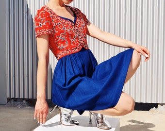 HARMANY Vintage 60s Studded Embroidered Red White Blue Linen Dress Sz S