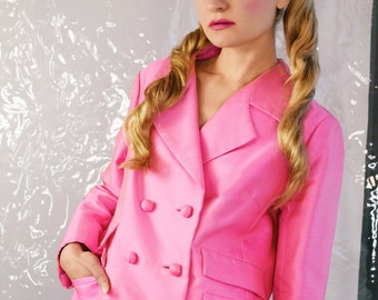 DYNASTY Vintage 60er Jahre Pink Seide Blazer Double Brust Barbie Sz S M