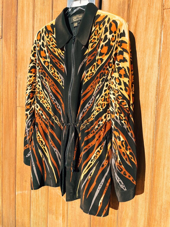 Animal Print Silk Vintage 80s Zip Front Jacket Le… - image 5