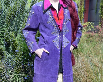 Studded Purple Suede Vintage 80s Leather Long Coat Sz S to M