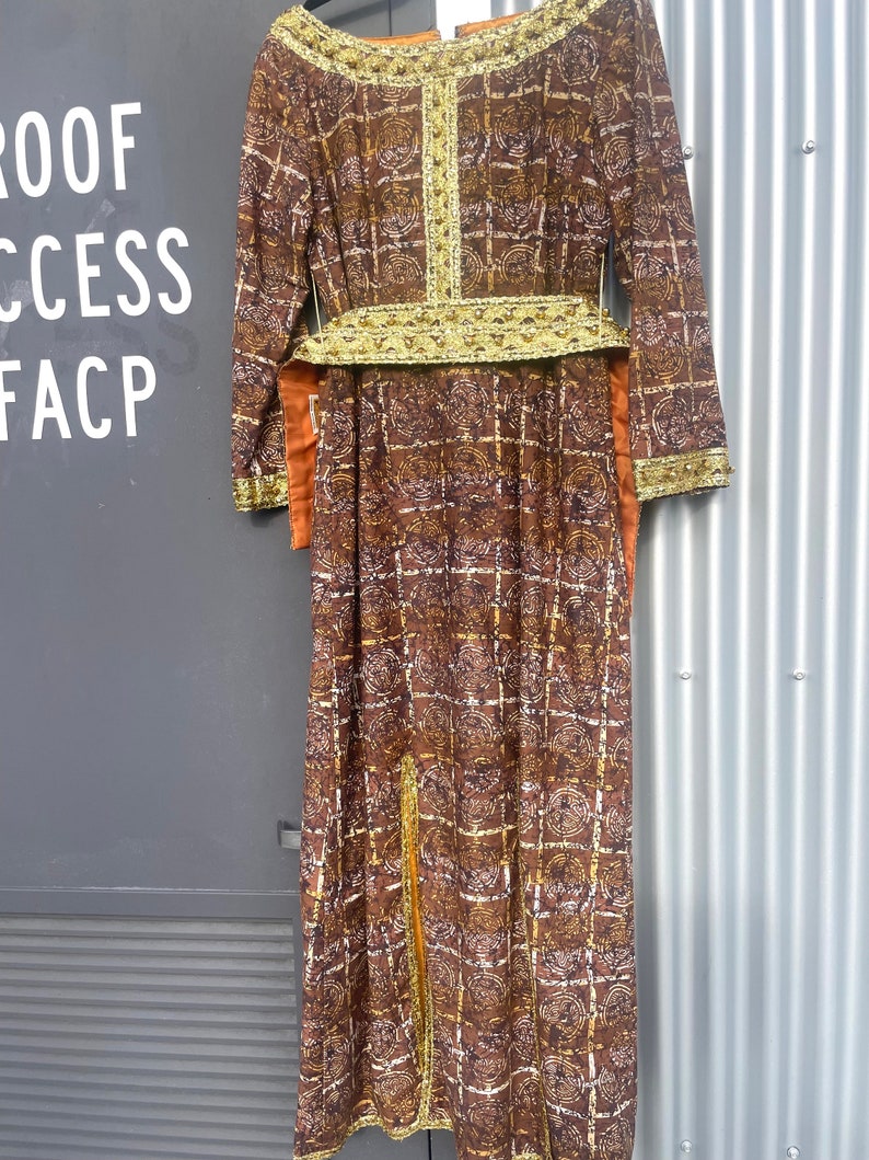 KRISTIAN Abstact Gold Trim Vintage 60s Aztec Glam Maxi Dress Palm Springs Sz Med to Large image 8