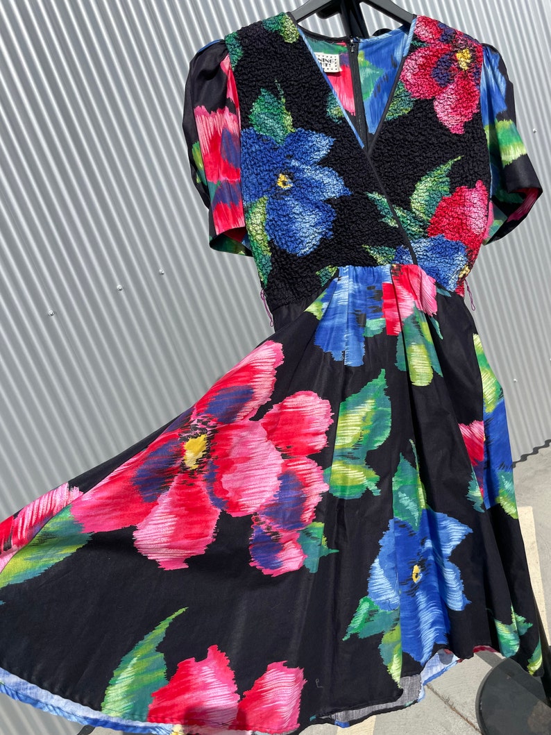 FLORAL Runway Print Abstract Floral Print Vintage 80s Puff Sleeve Dress Sz Large image 3