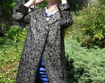 FLORAL Brocade Vintage 50s Opera Swing Coat Metallic Gold Black Sz S to M