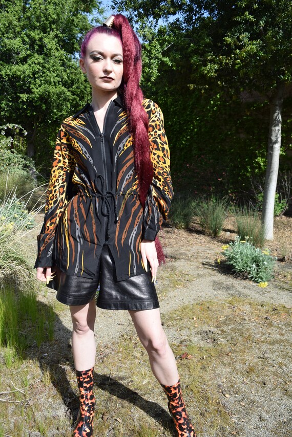 Animal Print Silk Vintage 80s Zip Front Jacket Le… - image 2