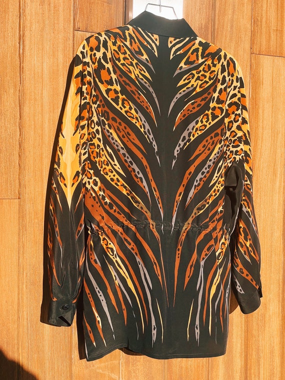 Animal Print Silk Vintage 80s Zip Front Jacket Le… - image 4