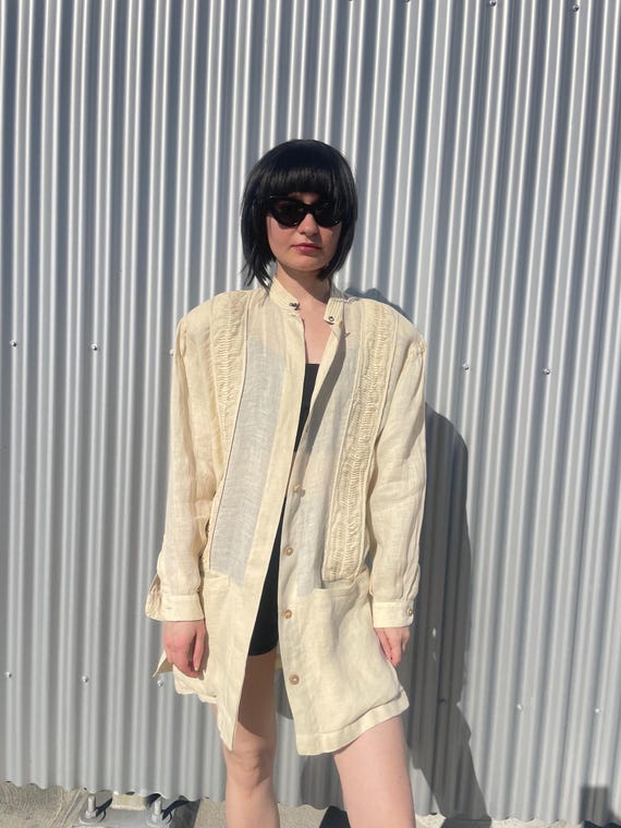 CLAUDE MONTANA Vintage 80s Ivory Linen Jacket Pleated Detail