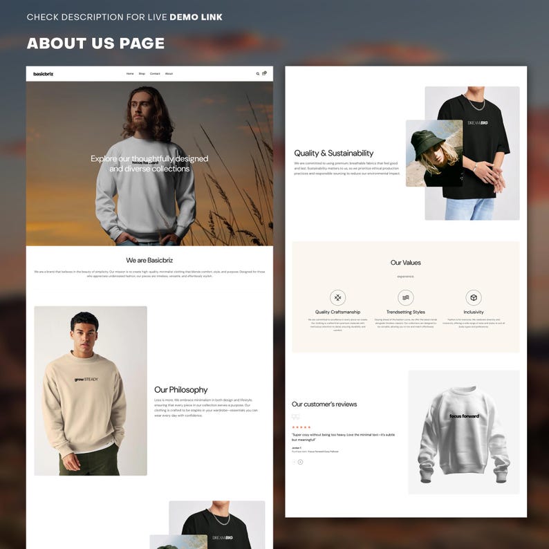Puede incluir: Una p&aacute;gina de inicio de un sitio web para una marca de ropa llamada Basicbriz. La p&aacute;gina presenta una variedad de im&aacute;genes de ropa, incluyendo sudaderas, camisetas y sudaderas con capucha. El sitio web tambi&eacute;n incluye informaci&oacute;n sobre los valores, la filosof&iacute;a y las rese&ntilde;as de los clientes de la marca.