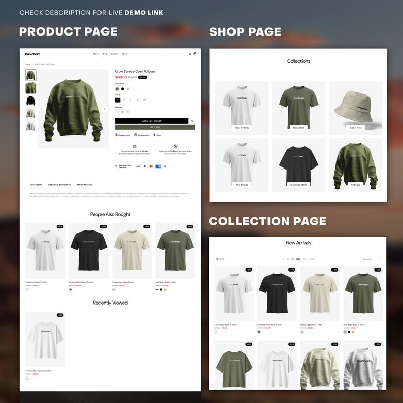 Puede incluir: Una captura de pantalla de un sitio web que muestra una p&aacute;gina de producto para una sudadera verde con el texto "Grow Steady Cozy Pullover" y un precio de $ 48,00. El sitio web tambi&eacute;n muestra una p&aacute;gina de tienda con una colecci&oacute;n de camisetas, un sombrero y una sudadera. El sitio web tambi&eacute;n muestra una p&aacute;gina de colecci&oacute;n con las nuevas llegadas.