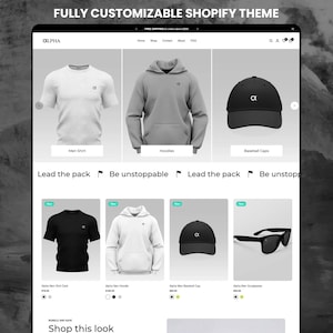 May include: A website screenshot showcasing a customisable Shopify theme for a clothing brand. The website features a range of clothing items, including t-shirts, hoodies, baseball caps, and sunglasses. The website also includes a call to action to "Shop this look".