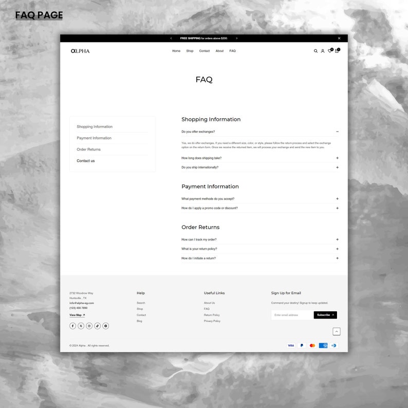 May include: A website FAQ page with a black and white colour scheme. The page is divided into sections for shopping information, payment information, and order returns. Each section has a list of frequently asked questions with answers.