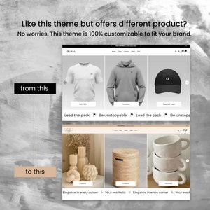 May include: Two website screenshots showing different themes. The first screenshot shows a website selling clothing with a white t-shirt, a grey hoodie, and a black baseball cap. The second screenshot shows a website selling home goods with candles, a wicker storage bin, and ceramic mugs.