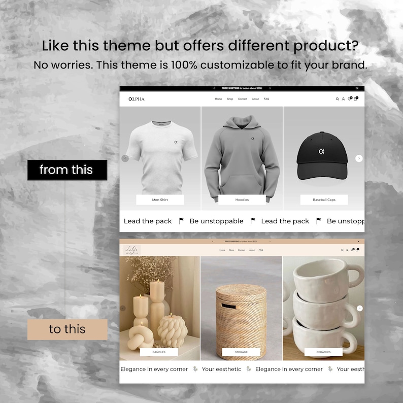 May include: Two website screenshots showing different themes. The first screenshot shows a website selling clothing with a white t-shirt, a grey hoodie, and a black baseball cap. The second screenshot shows a website selling home goods with candles, a wicker storage bin, and ceramic mugs.