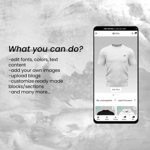 May include: A screenshot of a mobile phone displaying a website for a clothing store. The website features a grey t-shirt with the letter "&alpha;" on the front. The text "Men Shirt" is below the image of the t-shirt. The website also features a navigation bar with the following options: Shop, Search, Account, Wishlist, and Cart.