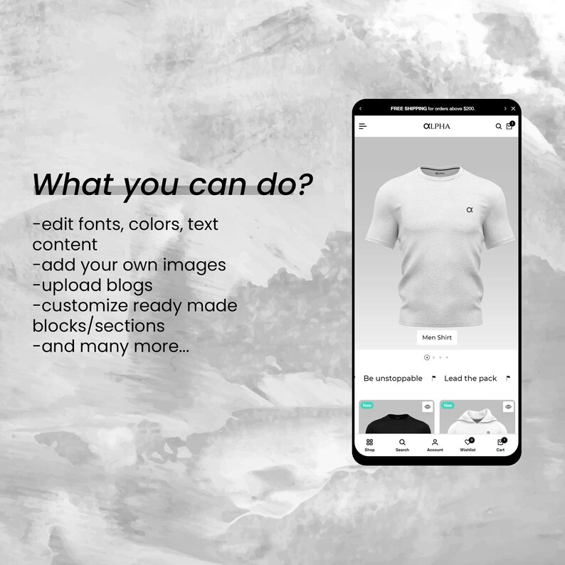 May include: A screenshot of a mobile phone displaying a website for a clothing store. The website features a grey t-shirt with the letter "&alpha;" on the front. The text "Men Shirt" is below the image of the t-shirt. The website also features a navigation bar with the following options: Shop, Search, Account, Wishlist, and Cart.