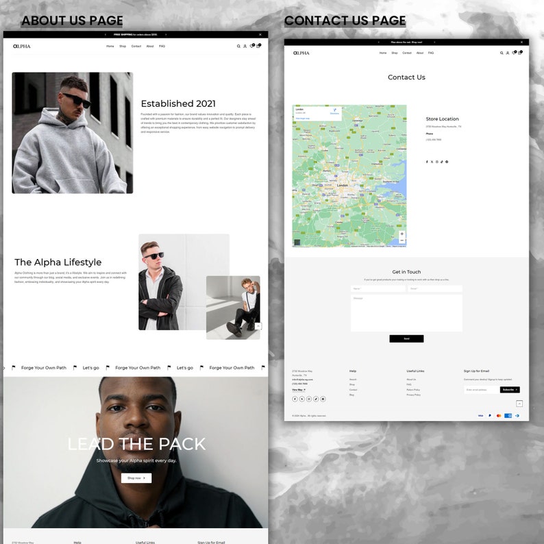 May include: A website screenshot showing the "About Us" and "Contact Us" pages of a clothing brand called "CUPHA". The "About Us" page features a black and white photo of a man wearing a grey hoodie and sunglasses. The text "Established 2021" is displayed above the photo. The "Contact Us" page features a map of London, England, with a pin marking a location. The text "Contact Us" is displayed above the map. The text "Get in Touch" is displayed below the map.