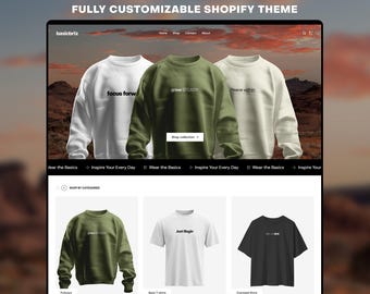 May include: A website homepage for a clothing brand called "basicbriz". The website features a variety of sweatshirts and t-shirts with motivational slogans like "grow STEADY", "Peace within", and "focus forward". The website also features a section called "Customer Favorites" which showcases a green sweatshirt, a white t-shirt, and a black t-shirt.
