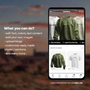 Puede incluir: La pantalla de un tel&eacute;fono m&oacute;vil que muestra un sitio web para ropa personalizable. El sitio web presenta un su&eacute;ter verde con el texto "grow STEADY" y una secci&oacute;n titulada "Comprar por categor&iacute;as" con opciones para "Sudaderas" y "Camisetas b&aacute;sicas".