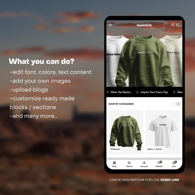 Puede incluir: La pantalla de un tel&eacute;fono m&oacute;vil que muestra un sitio web para ropa personalizable. El sitio web presenta un su&eacute;ter verde con el texto "grow STEADY" y una secci&oacute;n titulada "Comprar por categor&iacute;as" con opciones para "Sudaderas" y "Camisetas b&aacute;sicas".