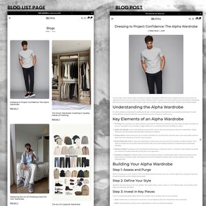 May include: A blog post titled "Dressing to Project Confidence: The Alpha Wardrobe" with a photo of a man wearing a grey t-shirt and black trousers. The blog post discusses the concept of an "Alpha Wardrobe" and how to build one.