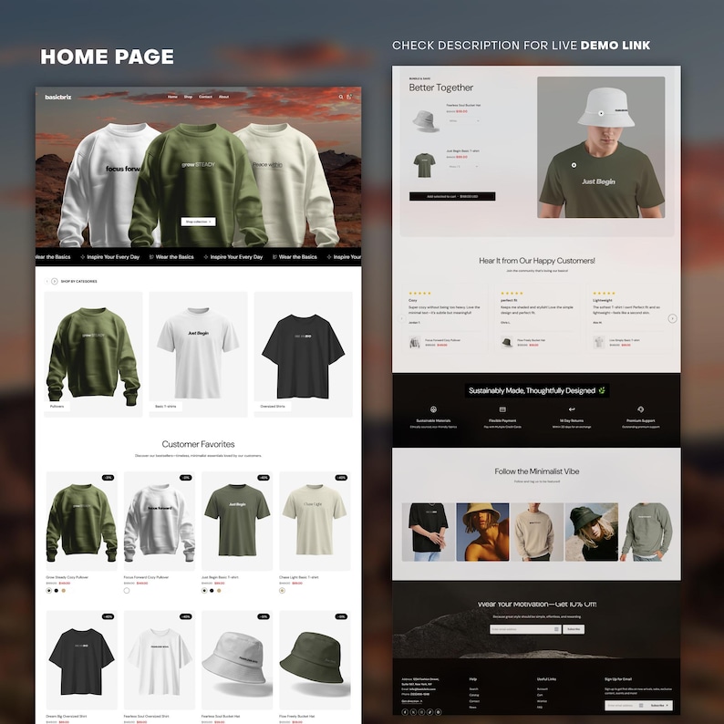 Puede incluir: Una p&aacute;gina de inicio de sitio web para una tienda de ropa en l&iacute;nea que presenta una variedad de prendas y accesorios. El sitio web presenta un esquema de color verde, negro y blanco e incluye una secci&oacute;n para los favoritos de los clientes. El sitio web tambi&eacute;n incluye una secci&oacute;n sobre sostenibilidad y una secci&oacute;n sobre las &uacute;ltimas tendencias.